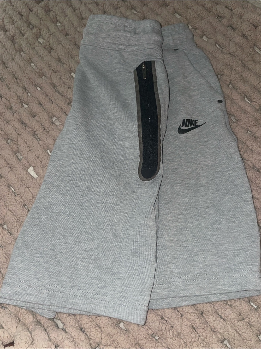 Nike Tech Fleece Light Gray Kids Youth Athletic Shorts with Black Zip Accent